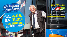 Banner mit Aktonsinformationen. Als Hintergrundbild sieht man einen Mann der sich aus einem Bus herauslehnt.