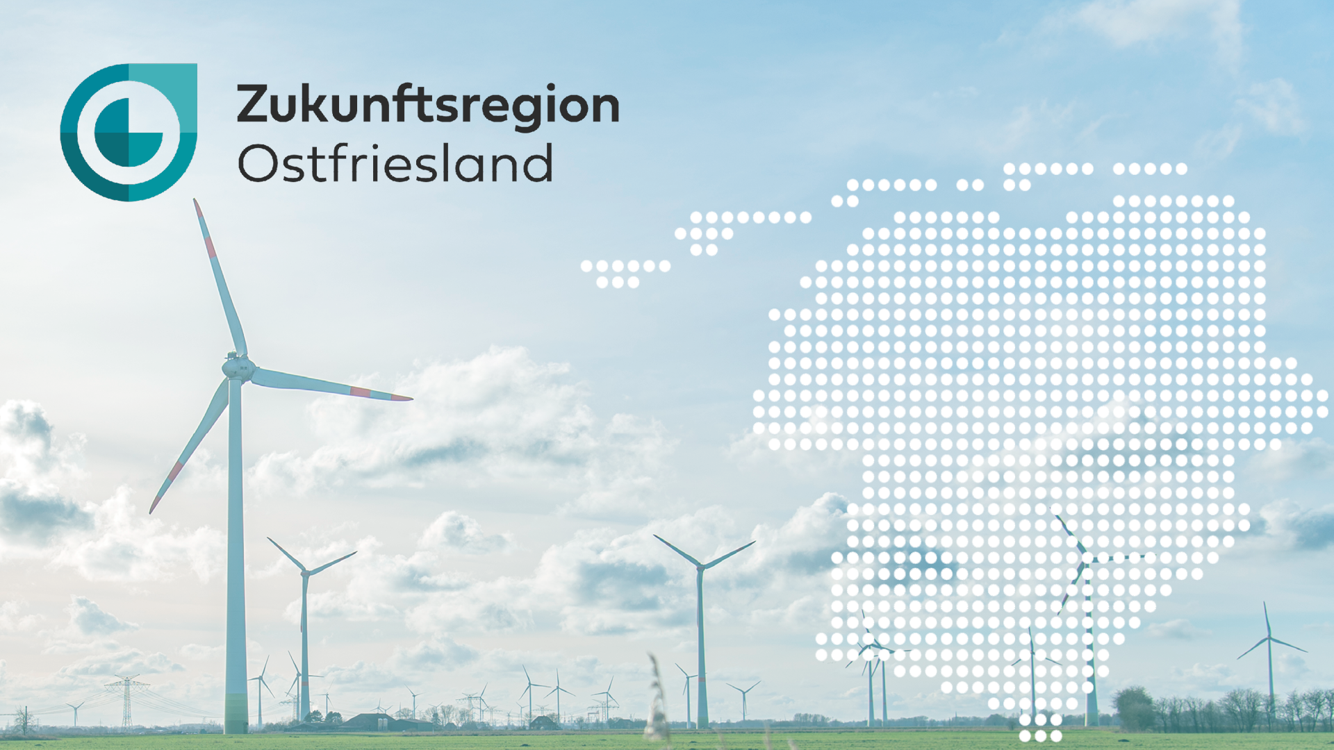 Landschaftsbild mit Windkraftanlagen. Darüber befindet sich das Logo der Zukunftsregion Ostfriesland und eine stilisierte Karte der Region.