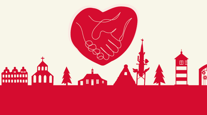 Illustration verschiedener Silhouetten markanter Gebäude im Landkreis Aurich. Darüber ein großes Herz mit sich schüttelnden Händen.