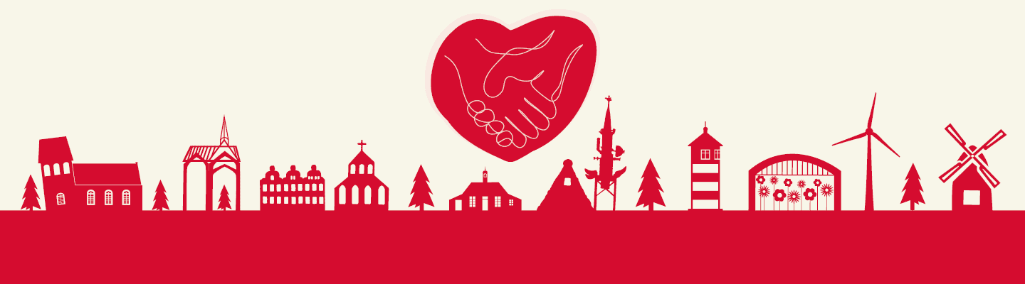 Illustration verschiedener Silhouetten markanter Gebäude im Landkreis Aurich. Darüber ein großes Herz mit sich schüttelnden Händen.