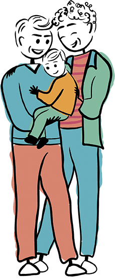 Stilisierte Illustration von zwei gleichgeschlechtlich Erwachsenen, die gemeinsam ein kleines Kind im Arm halten; die Figuren sind farbig gezeichnet und ohne Gesichtsdetails dargestellt.