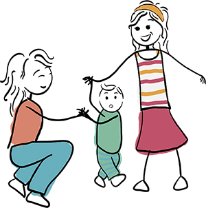 Stilisierte Illustration von zwei Erwachsenen und einem Kinder in unterschiedlichen Posen und Kleidungsstücken, farbig gezeichnet und ohne Gesichtsdetails dargestellt.