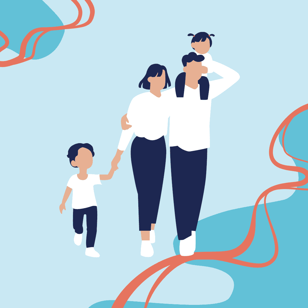 „Stilisierte Illustration von zwei Erwachsenen und zwei Kindern, die gemeinsam gehen: Ein Erwachsener trägt ein kleines Kind auf den Schultern, der andere hält ein weiteres Kind an der Hand. Alle Figuren tragen helle Kleidung vor einem hellblauen, abstrakten Hintergrund.