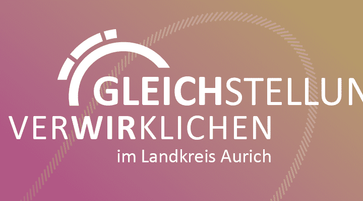 Grafik mit Farbverlauf in Rosa- und Gelbtönen und dem Schriftzug ‚Gleichstellung verwirklichen im Landkreis Aurich‘. Daneben sind abstrakte Linien und ein grafisches Bogenelement zu sehen.