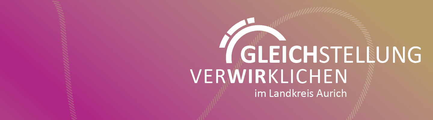 Grafik mit Farbverlauf in Rosa- und Gelbtönen und dem Schriftzug ‚Gleichstellung verwirklichen im Landkreis Aurich‘. Daneben sind abstrakte Linien und ein grafisches Bogenelement zu sehen.