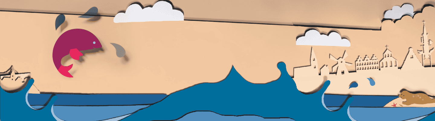 Papiersilhouetten von: Meereswellen, Seehund und Ostfriesland-Skyline