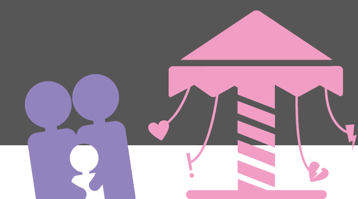 Symbolbild Hilfekompass mit Illustrationen: Ein Smartphone mit den Comic-Schimpfzeichen "*&?#!", Eltern mit Kind, Karussell mit icons für verschiedene Lebenslagen, ein Buch, ein Pictogramm, dass eine stoppende Handgeste macht.