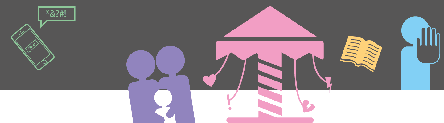 Symbolbild Hilfekompass mit Illustrationen: Ein Smartphone mit den Comic-Schimpfzeichen "*&?#!", Eltern mit Kind, Karussell mit icons für verschiedene Lebenslagen, ein Buch, ein Pictogramm, dass eine stoppende Handgeste macht.
