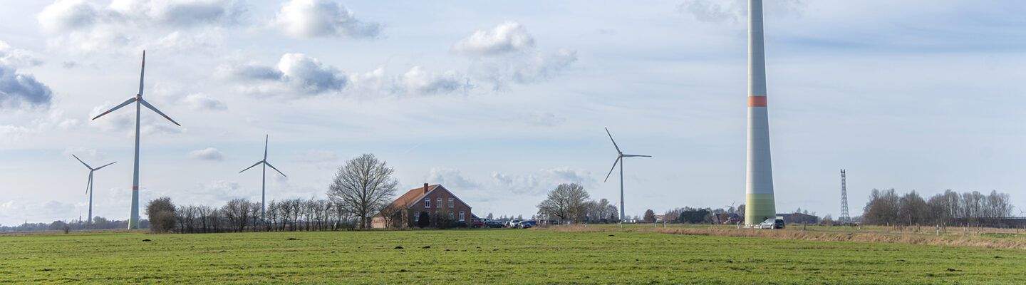 Weite Landschaft mit grünen Wiesen, mehreren Windkraftanlagen und einem einzelnen Bauernhaus in der Mitte. Der Himmel ist leicht bewölkt, die Windräder prägen die ländliche Umgebung.