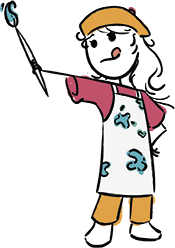 Illustration eines Kindes von hinten, das eine Mütze trägt und mit einem Pinsel in der Hand malt; das Kind trägt ein helles Kleid mit bunten Mustern.