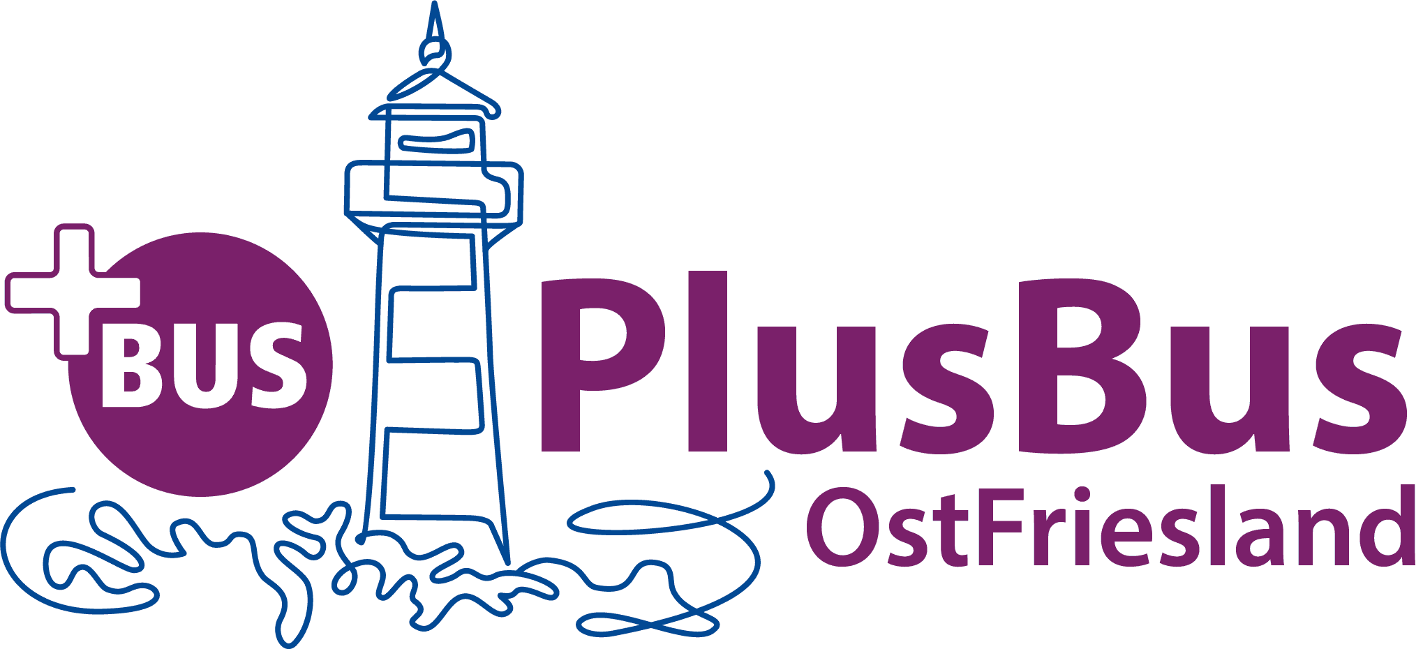 Logo ‚+Bus PlusBus Ostfriesland‘ mit einem violetten Kreis und weißem Schriftzug ‚Bus‘ neben einem stilisierten blauen Leuchtturm; darunter geschwungene Linien, die Wellen darstellen.