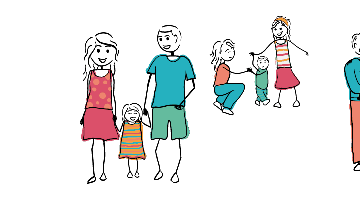 Illustration verschiedener diverser Familienzusammensetzungen zusammen mit Puzzleteilen, die sich zusammenfügen