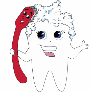 Eine freundliche, comicartige Zahnfigur mit großen blauen Augen und lockigem „Schaumhaar“ hält eine rote Zahnbürste mit Gesicht in der Hand und lächelt.