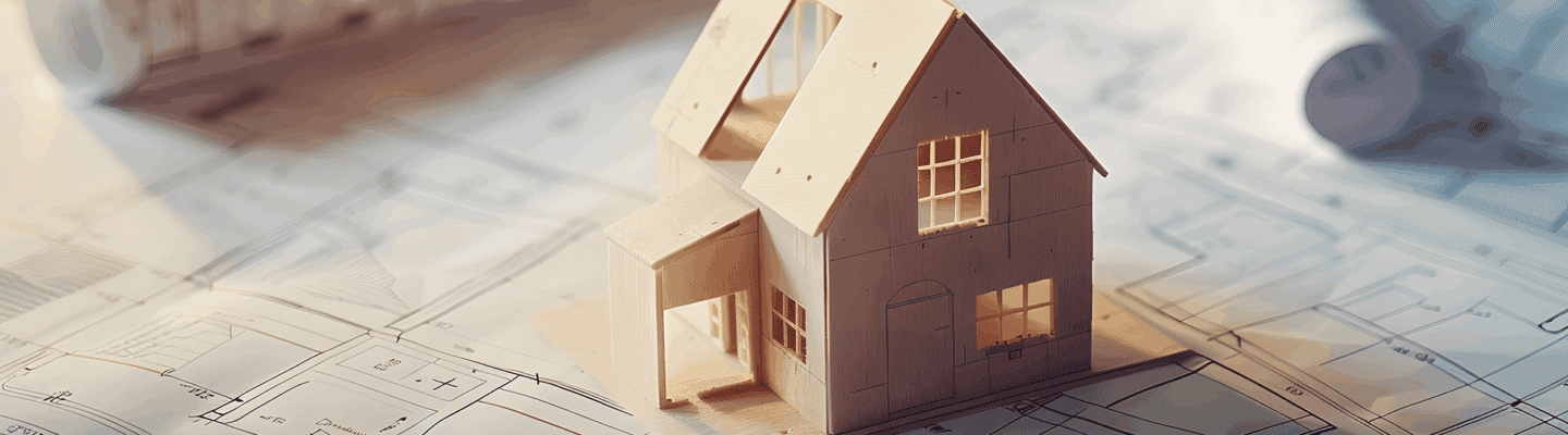 Modellhaus auf Bauplänen mit Architekturzeichnungen