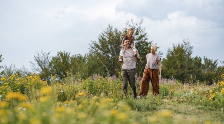 Eine Familie spaziert durch eine sommerliche Wiese mit Wildblumen. Ein Mann trägt ein kleines Kind auf den Schultern, beide lachen. Neben ihm geht eine Frau und lächelt die beiden an. Im Hintergrund stehen grüne Bäume unter einem leicht bewölkten Himmel.