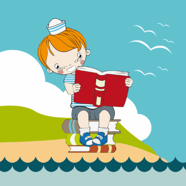 Illustration eines Kindes mit Matrosenmütze, das auf einem Stapel Bücher sitzt und ein rotes Buch liest; im Hintergrund sind Meer, Wolken, Möwen und eine grüne Küstenlandschaft zu sehen.
