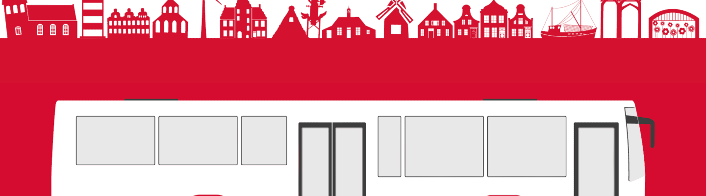 Grafik von einem Bus und die Skyline vom Landkreis Aurich mit prägnanten Gebäuden