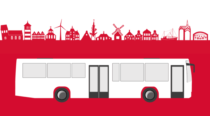 Grafik von einem Bus und die Skyline vom Landkreis Aurich mit prägnanten Gebäuden