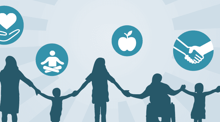 Grafik mit Silhouetten von Menschen, die sich an den Händen halten – darunter Kinder, Erwachsene und Personen im Rollstuhl. Über ihnen Symbole für Kommunikation, Fürsorge, Achtsamkeit, gesunde Ernährung, Unterstützung und gemeinsames Spielen.