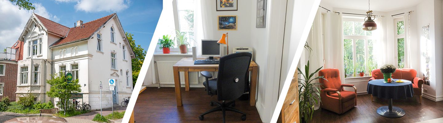 Collage von drei Fotos. Bild 1: Foto vom Gebäude der Dwarsloopers, Bild 2: Raum mit Schreibtisch und PC, Bild 3: gemütliche Sitzecke mit Sofa