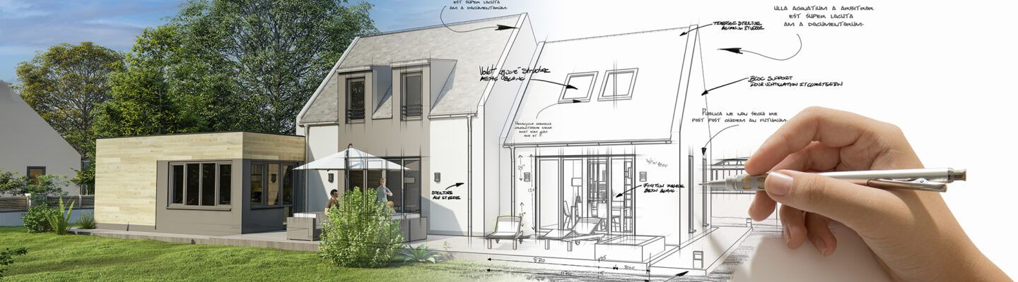 Visualisierung eines modernen Einfamilienhauses mit Anbau und Garten: Links ist das fertiggestellte Haus in 3D-Ansicht zu sehen, rechts geht die Darstellung in eine architektonische Skizze mit Maßangaben und handschriftlichen Notizen über. Im Vordergrund hält eine Hand einen Stift und ergänzt Details an der Bauzeichnung.