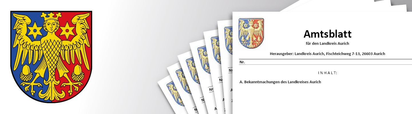 Mehrere übereinandergelegte Amtsblätter des Landkreises, oben jeweils mit dem farbigen Kreiswappen. Auf dem vordersten Dokument steht „Herausgeber: Landkreis …“ sowie „A. Bekanntmachungen des Landkreises“ mit einer Nummernzeile.