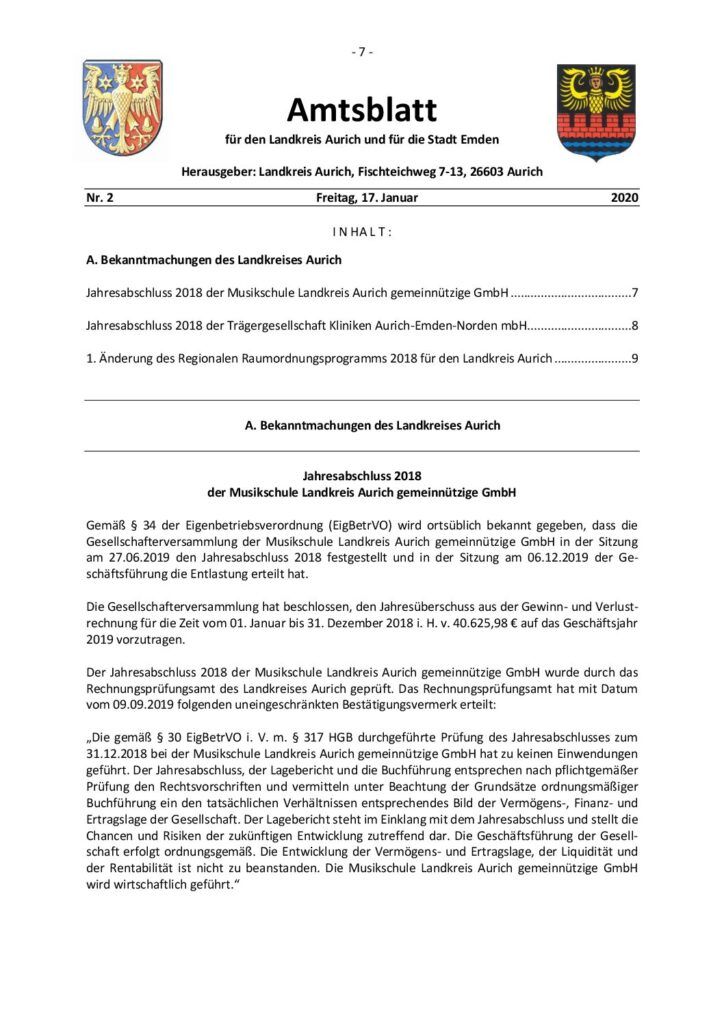 Amtsblatt Nr. 2 vom 17.01.2020