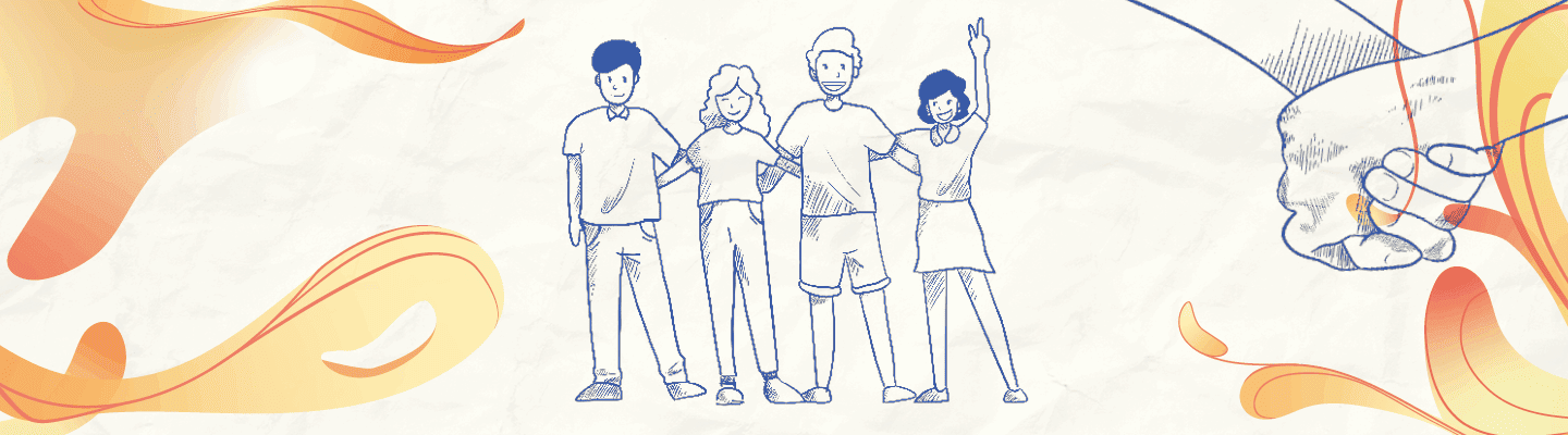 Illustration von vier Jugendlichen, die nebeneinander stehen, sich gegenseitig an den Schultern halten und freundlich lächeln; eine Person hebt den Arm zum Gruß.
