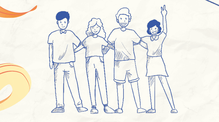 Illustration von vier Jugendlichen, die nebeneinander stehen, sich gegenseitig an den Schultern halten und freundlich lächeln; eine Person hebt den Arm zum Gruß.