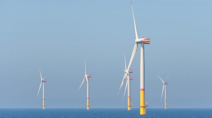 Mehrere Offshore-Windkraftanlagen stehen im Meer; ihre weißen Rotorblätter drehen sich vor einem klaren blauen Himmel, die Fundamente ragen gelb aus dem Wasser.