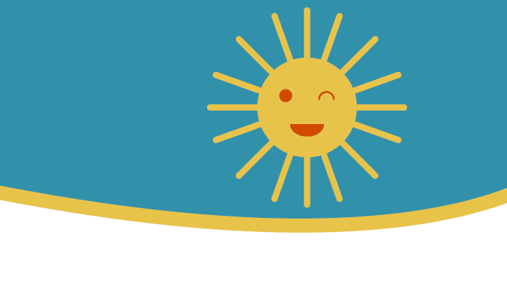 „Grafische Illustration mit blauem Hintergrund und einer lächelnden, gelben Sonne mit Strahlen. Unten verläuft eine geschwungene gelbe Linie über einer weißen Fläche.