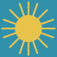 Grafische Darstellung einer gelben Sonne mit langen Strahlen auf blauem Hintergrund.