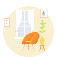 Illustration eines gemütlichen Wohnraums mit Sessel, Fenster mit Vorhang, Zimmerpflanzen und Wandbildern – Symbol für Erholung, Ruhe und Wohlbefinden.