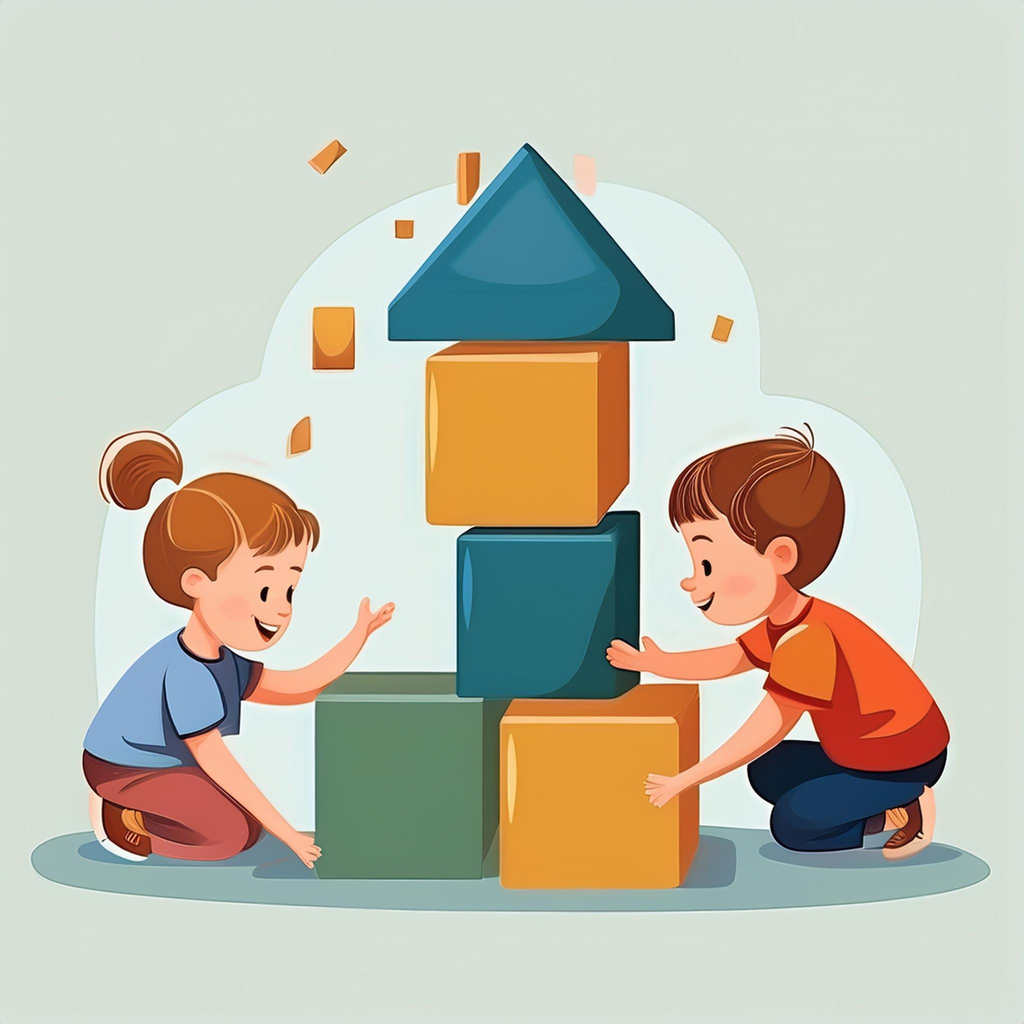Zwei Kinder knien sich gegenüber und bauen gemeinsam einen Turm aus bunten Bauklötzen. Die Bauklötze sind zu einer hausähnlichen Form gestapelt, die Kinder lächeln und spielen konzentriert miteinander.