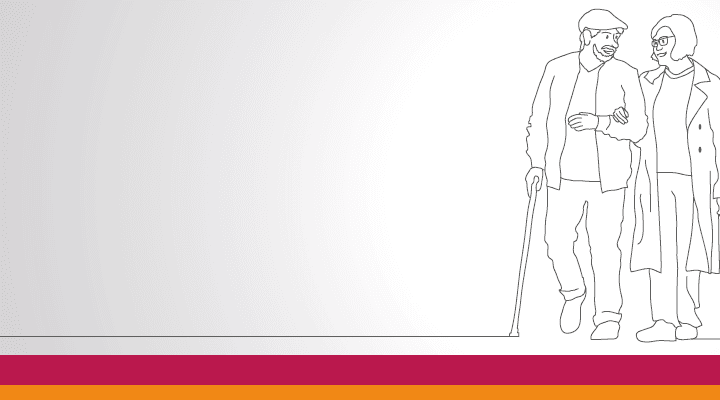 Schlichte Linienillustration eines älteren Paares, das gemeinsam spazieren geht; eine Person nutzt einen Gehstock. Der Hintergrund ist hellgrau und weiß, unten verläuft ein breiter farbiger Streifen.