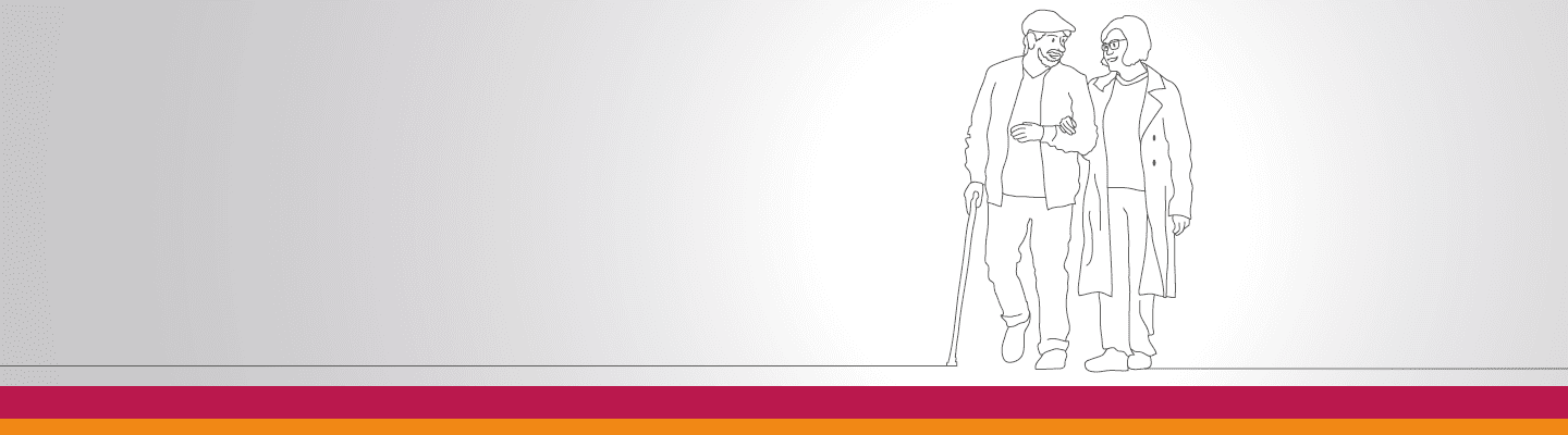 Schlichte Linienillustration eines älteren Paares, das gemeinsam spazieren geht; eine Person nutzt einen Gehstock. Der Hintergrund ist hellgrau und weiß, unten verläuft ein breiter farbiger Streifen.