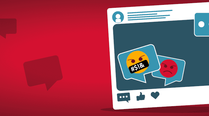 Illustration eines Social-Media-Beitrags vor rotem Hintergrund. In einer Sprechblase ist ein Emoji mit zensiertem, beleidigendem Ausdruck zu sehen, daneben ein wütendes Emoji. Um das Beitragsfenster herum sind weitere kleine Sprechblasen dargestellt – Symbol für Hasskommentare oder Online-Diskussionen.