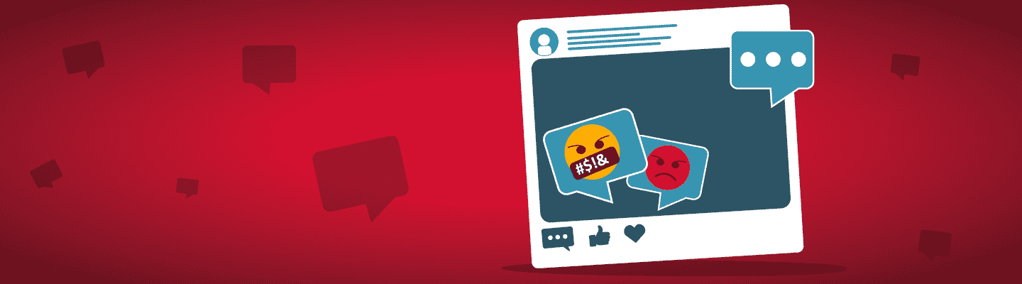 Illustration eines Social-Media-Beitrags vor rotem Hintergrund. In einer Sprechblase ist ein Emoji mit zensiertem, beleidigendem Ausdruck zu sehen, daneben ein wütendes Emoji. Um das Beitragsfenster herum sind weitere kleine Sprechblasen dargestellt – Symbol für Hasskommentare oder Online-Diskussionen.