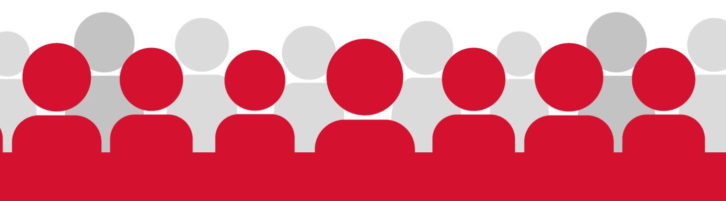 Abstrakte Grafik mit stilisierten Personen-Symbolen in Rot und Grau, die in mehreren Reihen angeordnet sind. Die roten Figuren im Vordergrund heben sich von den grauen im Hintergrund ab und symbolisieren Beteiligung, Öffentlichkeit oder Zielgruppen.
