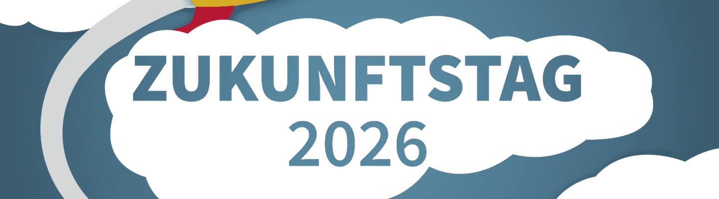 Grafik mit einer gelb-roten Rakete vor blauem Hintergrund, die in eine weiße Wolke fliegt. In der Wolke steht der Schriftzug „ZUKUNFTSTAG 2026“.