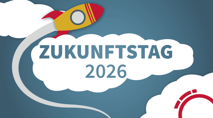 Grafik mit einer gelb-roten Rakete vor blauem Hintergrund, die in eine weiße Wolke fliegt. In der Wolke steht der Schriftzug „ZUKUNFTSTAG 2026“.