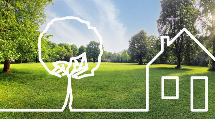 Weite grüne Parklandschaft mit Bäumen und Sonnenlicht; darübergelegt sind weiße Linienzeichnungen eines Baumes und eines Hauses, die Natur und Wohnen symbolisieren.
