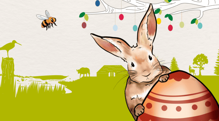 Illustration eines Osterhasen, der hinter einem großen bemalten Osterei hervorschaut. Im Hintergrund sind eine Wiese mit Teich, Tiere, ein Haus sowie ein Baum mit bunten Ostereiern zu sehen; daneben fliegt eine Biene.