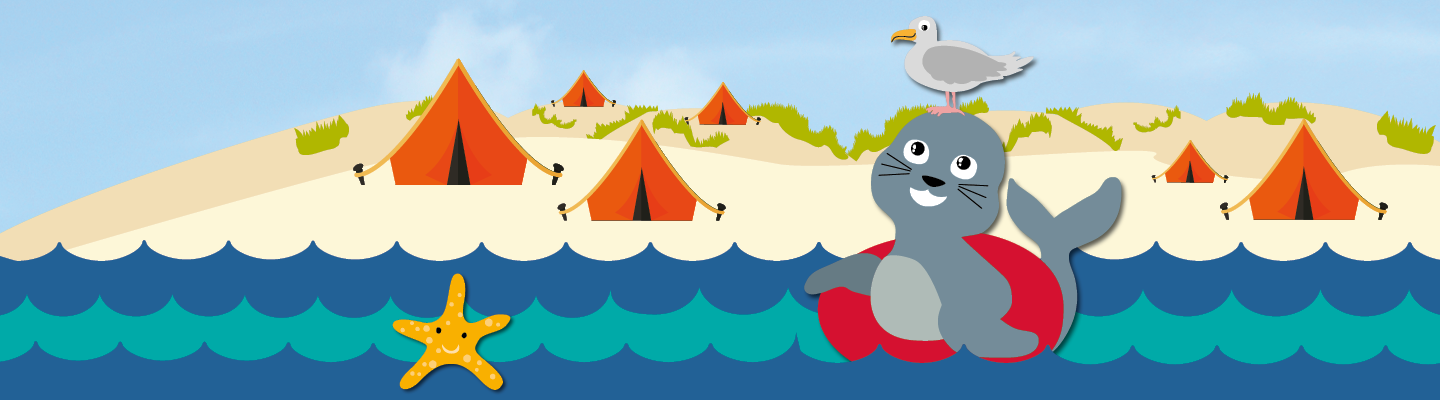 Illustration eines Strandes mit Zelten, im Wasser ein fröhlicher Seehund auf einem roten Schwimmring, eine Möwe sitzt auf seinem Kopf; daneben ein Seestern im Wasser.