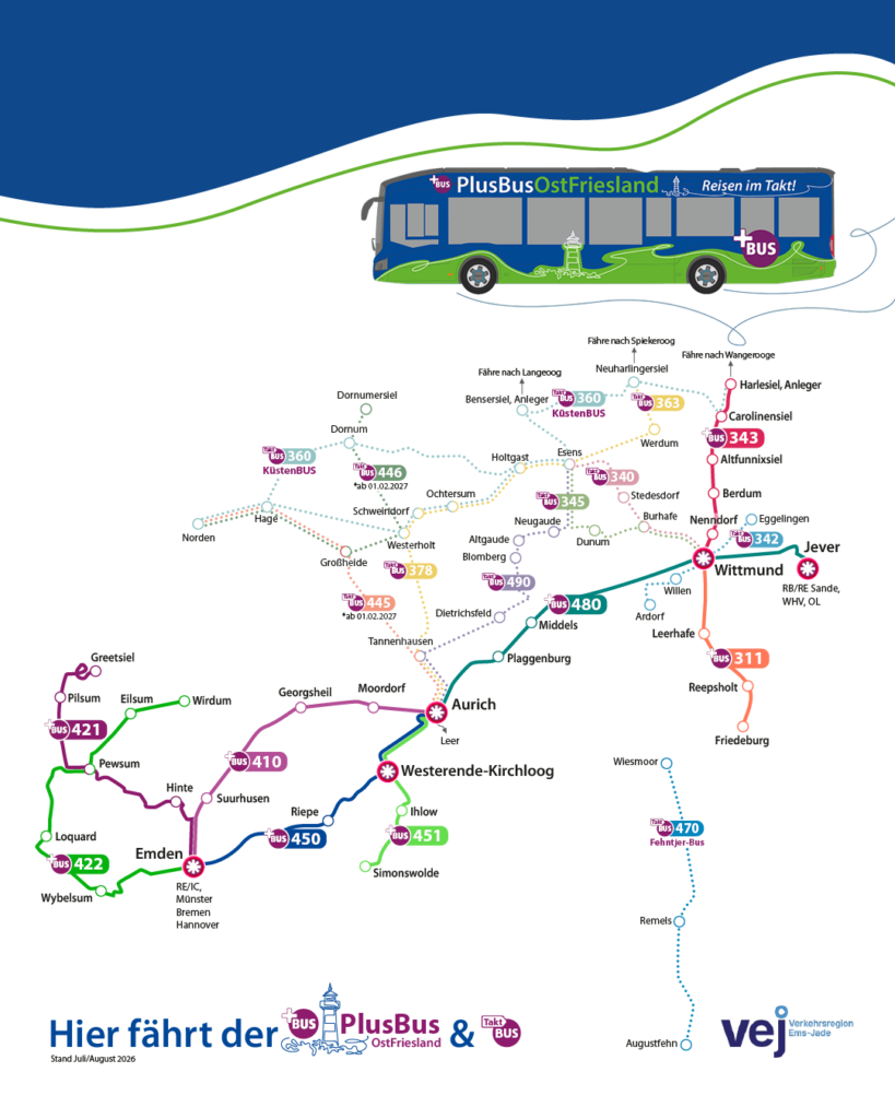 Netzkarte der neuen Linien des PlusBus OstFriesland - Stand Juli/August 2026