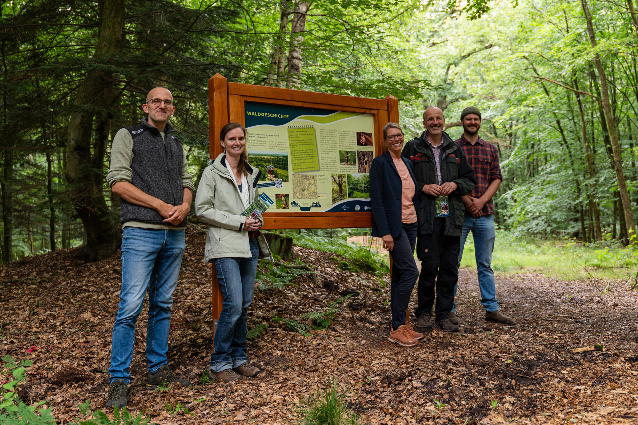 Fünf Personen stehen auf einem Waldweg neben einer großen Informationstafel mit der Überschrift „Waldgeschichte“. Sie lächeln in die Kamera und halten teilweise Informationsflyer in den Händen. Die Tafel ist in einen hölzernen Rahmen eingefasst und vermittelt Wissenswertes zur Entwicklung des Waldes. Umgeben von dichtem Mischwald mit hohen Bäumen und grünem Blätterdach vermittelt die Szene den Eindruck einer gemeinsamen Vorstellung oder Eröffnung eines Naturinformationsangebots.