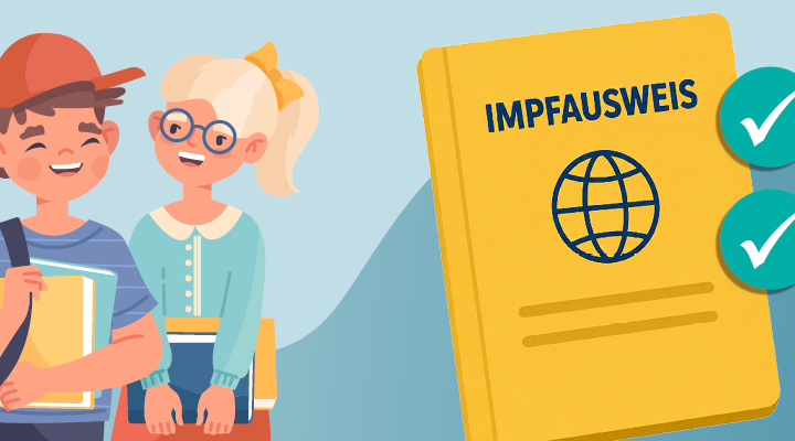 Illustration zum Thema Impfschutz: Zwei Schulkinder stehen lächelnd nebeneinander. Rechts ist ein gelber Impfausweis mit der Aufschrift „IMPFAUSWEIS“, einem Globus-Symbol und zwei grünen Häkchen abgebildet.
