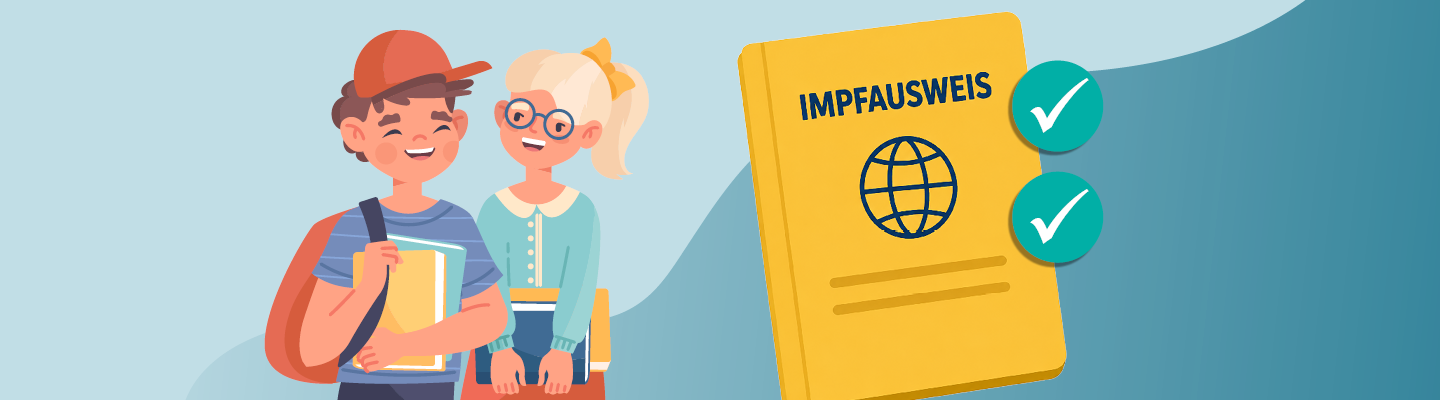 Illustration zum Thema Impfschutz: Zwei Schulkinder stehen lächelnd nebeneinander. Rechts ist ein gelber Impfausweis mit der Aufschrift „IMPFAUSWEIS“, einem Globus-Symbol und zwei grünen Häkchen abgebildet.