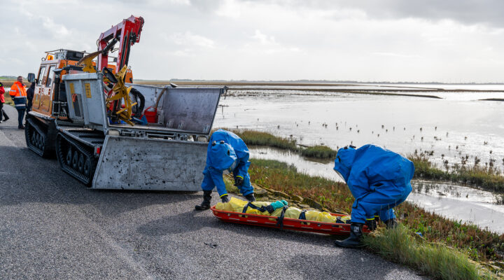 Zwei Einsatzkräfte in blauen Chemikalienschutzanzügen bereiten eine rote Schleifkorbtrage mit einem gelb verpackten Gegenstand für den Transport vor. Neben ihnen steht ein orangefarbenes Kettenfahrzeug des Katastrophenschutzes mit geöffneter Ladefläche und Ladekran. Im Hintergrund erstreckt sich das Wattenmeer unter bewölktem Himmel.